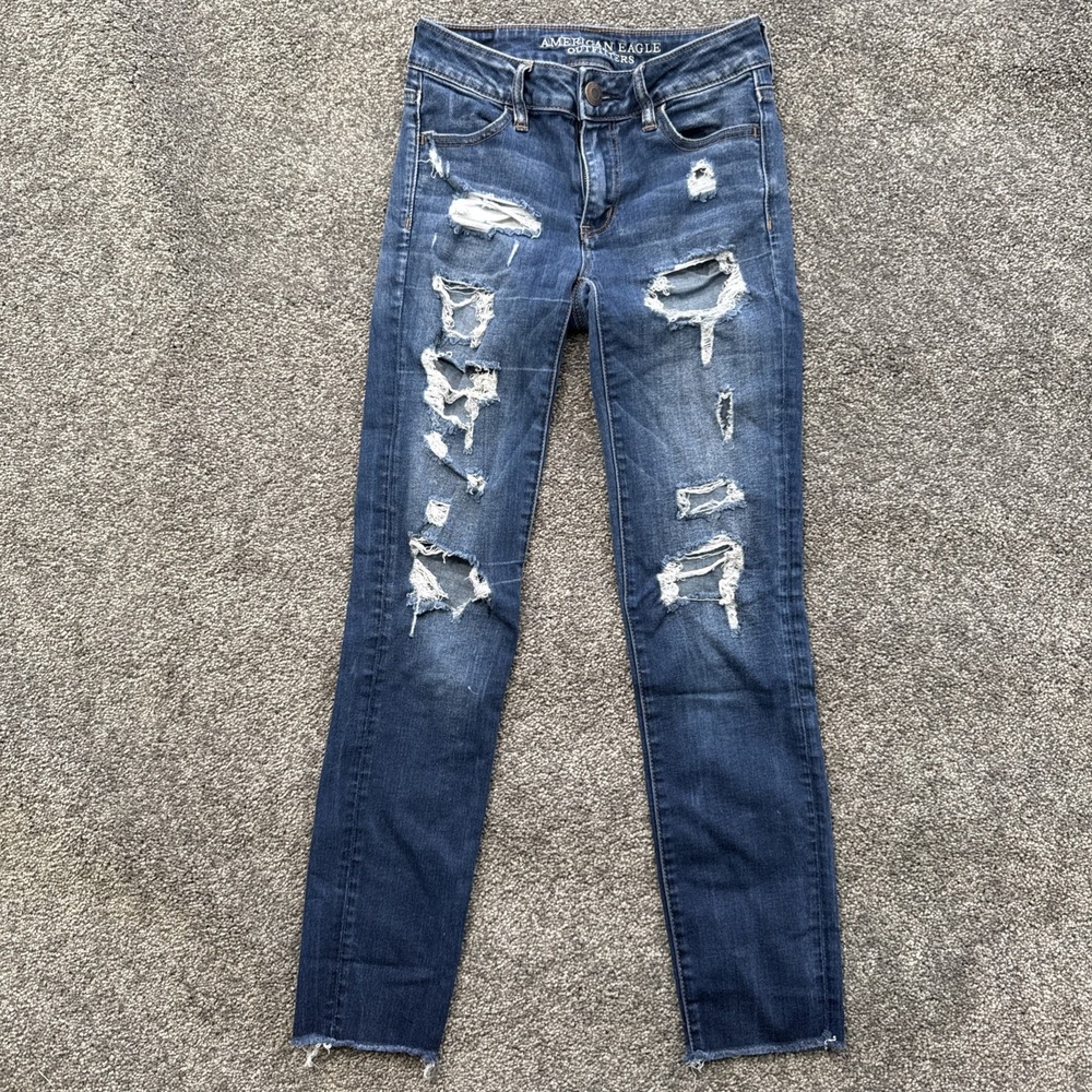 Womens 0 Long American Eagle Next Level Stretch Jeans Crop Blue Distressed